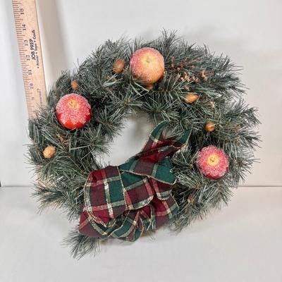 LOT 65L: Three Christmas Wreathes Decorated with Yarn, Bows & Artificial Fruit