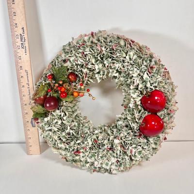 LOT 65L: Three Christmas Wreathes Decorated with Yarn, Bows & Artificial Fruit