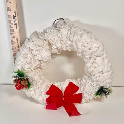 LOT 65L: Three Christmas Wreathes Decorated with Yarn, Bows & Artificial Fruit