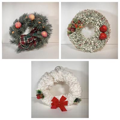 LOT 65L: Three Christmas Wreathes Decorated with Yarn, Bows & Artificial Fruit