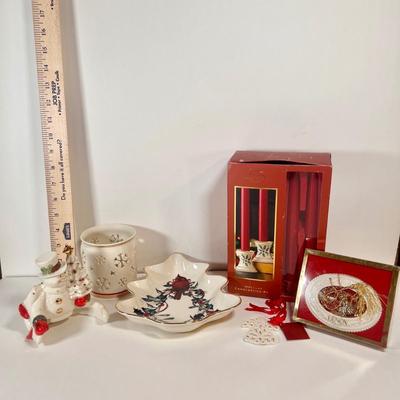 LOT 67L: Lenox Winter Greetings Candy Dish, Snowman Tea Light Holder, Holiday Candlestick Pair, Candle Holder, & Angel Ornament