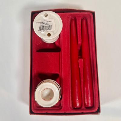 LOT 67L: Lenox Winter Greetings Candy Dish, Snowman Tea Light Holder, Holiday Candlestick Pair, Candle Holder, & Angel Ornament