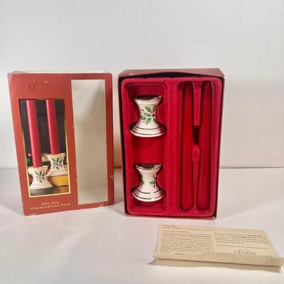 LOT 67L: Lenox Winter Greetings Candy Dish, Snowman Tea Light Holder, Holiday Candlestick Pair, Candle Holder, & Angel Ornament