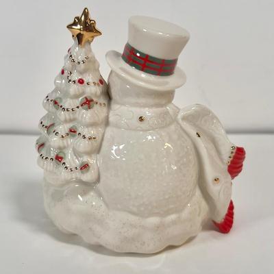 LOT 67L: Lenox Winter Greetings Candy Dish, Snowman Tea Light Holder, Holiday Candlestick Pair, Candle Holder, & Angel Ornament