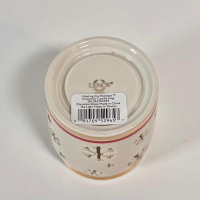 LOT 67L: Lenox Winter Greetings Candy Dish, Snowman Tea Light Holder, Holiday Candlestick Pair, Candle Holder, & Angel Ornament