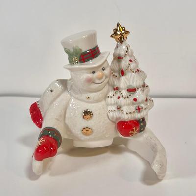 LOT 67L: Lenox Winter Greetings Candy Dish, Snowman Tea Light Holder, Holiday Candlestick Pair, Candle Holder, & Angel Ornament
