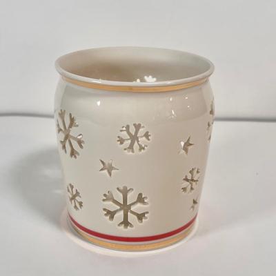 LOT 67L: Lenox Winter Greetings Candy Dish, Snowman Tea Light Holder, Holiday Candlestick Pair, Candle Holder, & Angel Ornament