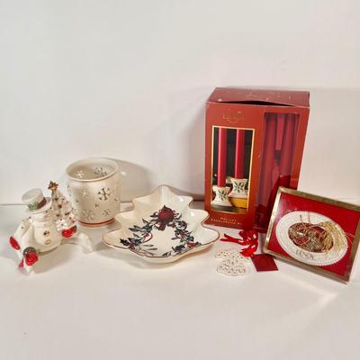 LOT 67L: Lenox Winter Greetings Candy Dish, Snowman Tea Light Holder, Holiday Candlestick Pair, Candle Holder, & Angel Ornament