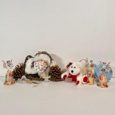 LOT 68L: Santa Head Decor, Glass Angel Ornaments, Stuffed Angel Teddybear Ornament, & Blue Ornament