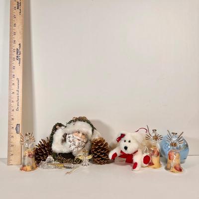 LOT 68L: Santa Head Decor, Glass Angel Ornaments, Stuffed Angel Teddybear Ornament, & Blue Ornament