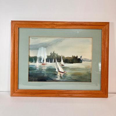 LOT 72L: Vintage Framed Watercolor Sail Boats Painting & Verichron Barometer