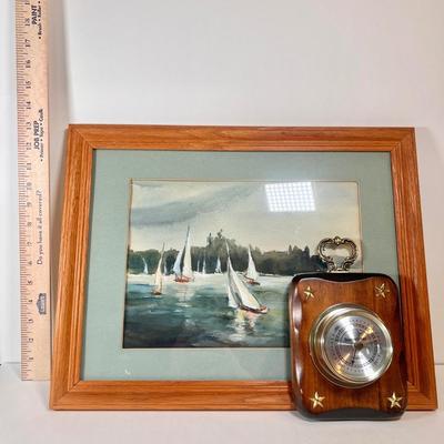 LOT 72L: Vintage Framed Watercolor Sail Boats Painting & Verichron Barometer