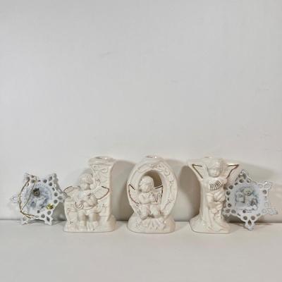 LOT 73L: Ceramic Swan Christmas Decor, Ceramic Holly Basket, 2004 TBC TeddyBear Ornament Pair, Ceramic “JOY” Candleholder Set, Vintage...