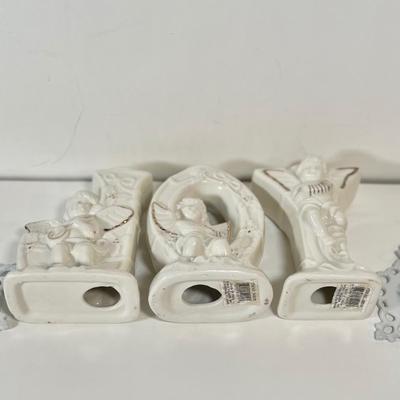 LOT 73L: Ceramic Swan Christmas Decor, Ceramic Holly Basket, 2004 TBC TeddyBear Ornament Pair, Ceramic “JOY” Candleholder Set, Vintage...