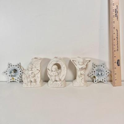 LOT 73L: Ceramic Swan Christmas Decor, Ceramic Holly Basket, 2004 TBC TeddyBear Ornament Pair, Ceramic “JOY” Candleholder Set, Vintage...