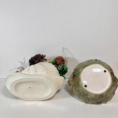 LOT 73L: Ceramic Swan Christmas Decor, Ceramic Holly Basket, 2004 TBC TeddyBear Ornament Pair, Ceramic “JOY” Candleholder Set, Vintage...