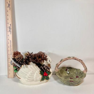 LOT 73L: Ceramic Swan Christmas Decor, Ceramic Holly Basket, 2004 TBC TeddyBear Ornament Pair, Ceramic “JOY” Candleholder Set, Vintage...