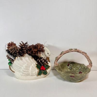 LOT 73L: Ceramic Swan Christmas Decor, Ceramic Holly Basket, 2004 TBC TeddyBear Ornament Pair, Ceramic “JOY” Candleholder Set, Vintage...
