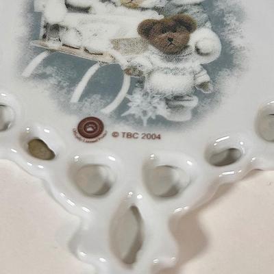 LOT 73L: Ceramic Swan Christmas Decor, Ceramic Holly Basket, 2004 TBC TeddyBear Ornament Pair, Ceramic “JOY” Candleholder Set, Vintage...