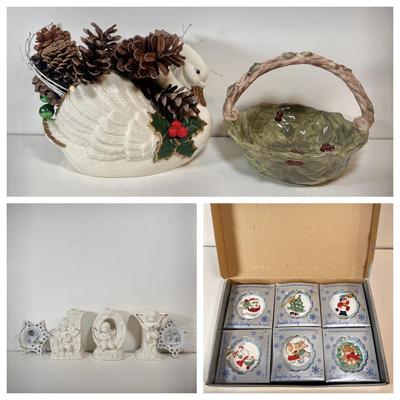 LOT 73L: Ceramic Swan Christmas Decor, Ceramic Holly Basket, 2004 TBC TeddyBear Ornament Pair, Ceramic “JOY” Candleholder Set, Vintage...