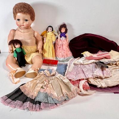 LOT 74L: Vintage / Soft Body Baby Doll, Small Porcelain Head Doll, Two Small Dress Up Dolls & Clothes (Dresses, Bonnets, Miniature...