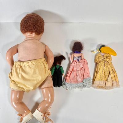LOT 74L: Vintage / Soft Body Baby Doll, Small Porcelain Head Doll, Two Small Dress Up Dolls & Clothes (Dresses, Bonnets, Miniature...