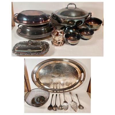 LOT 78L: WMA Rogers, Paul Revere Reproduction Oneida Silversmith Silver Plated Dining Set, Serving Trays, Bowls, Butter Dish, Basket,...