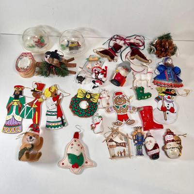 LOT 80L: 1970s Reversible Wooden Handpainted Christmas Ornaments, Morgan Inc “Bucky” Ornament, Disney Minnie Mouse Ornament, Lego Snowman...