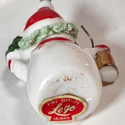 LOT 80L: 1970s Reversible Wooden Handpainted Christmas Ornaments, Morgan Inc “Bucky” Ornament, Disney Minnie Mouse Ornament, Lego Snowman...