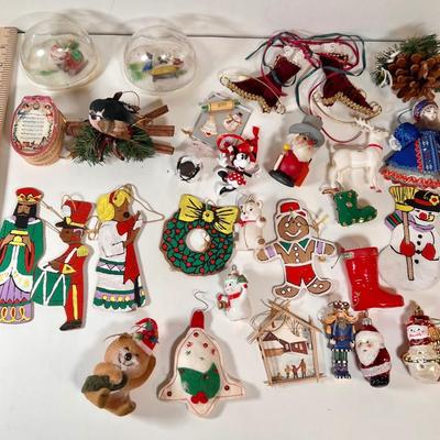 LOT 80L: 1970s Reversible Wooden Handpainted Christmas Ornaments, Morgan Inc “Bucky” Ornament, Disney Minnie Mouse Ornament, Lego Snowman...