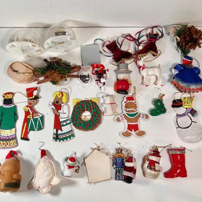 LOT 80L: 1970s Reversible Wooden Handpainted Christmas Ornaments, Morgan Inc “Bucky” Ornament, Disney Minnie Mouse Ornament, Lego Snowman...