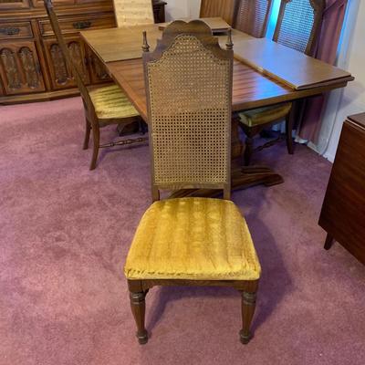 LOT 162 L: Unique American Drew Dining Room Table w/ 2 Leaves, 6 Gold Velveteen & Cane Chairs & Table Pads