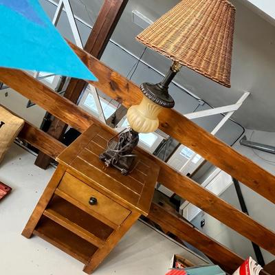 Lot 222 Lamp with wicker shade and wooden nightstand