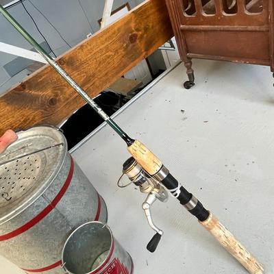 Lot 225 Vintage fishing equipment - minnow bucket, rod, fishing net