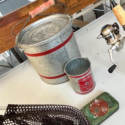 Lot 225 Vintage fishing equipment - minnow bucket, rod, fishing net