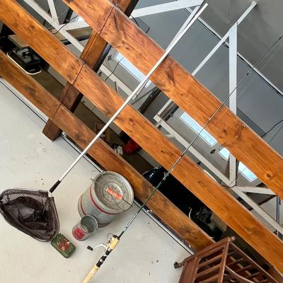 Lot 225 Vintage fishing equipment - minnow bucket, rod, fishing net