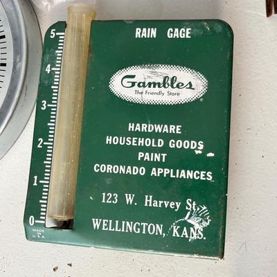 Lot 231 Overdoor wreath hooks, Gambles rain gauge and Beer coasters