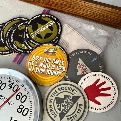 Lot 231 Overdoor wreath hooks, Gambles rain gauge and Beer coasters
