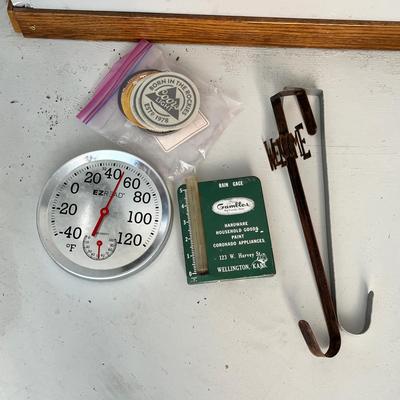 Lot 231 Overdoor wreath hooks, Gambles rain gauge and Beer coasters