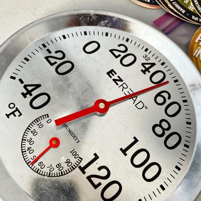 Lot 231 Overdoor wreath hooks, Gambles rain gauge and Beer coasters