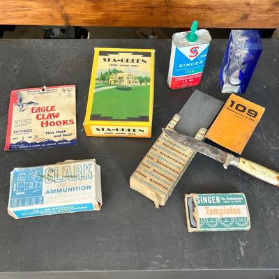 Lot 232 Vintage advertising boxes, knife with sharpening stone and small sewing kit