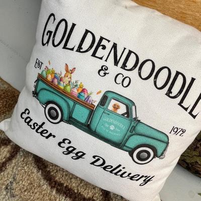 Lot 234 throw pillows - monkey pillow, goldendoodle pillow and plain yellow pillow