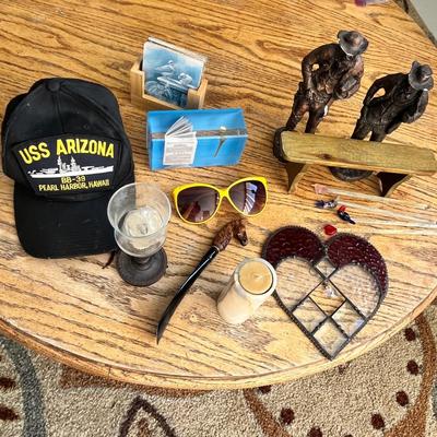 Lot 236 lot of random small home décor items - glass stir sticks, marbel tea light hold, leaded glass heart and more