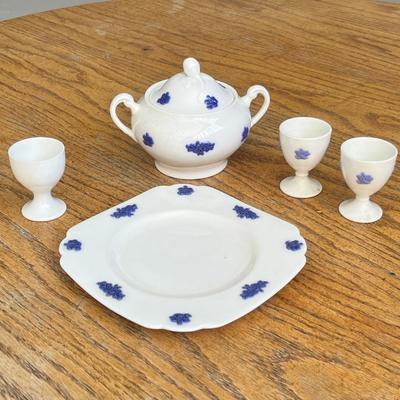 Lot 248 blue and white Tusan China - Made in England - Sugar, Plate and egg cups