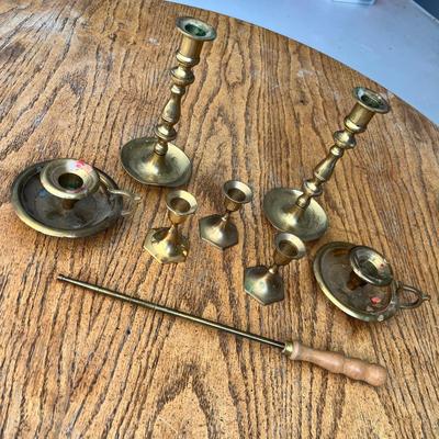 Lot 249 Brass candlesticks and Mable's brass loading rod for revolver