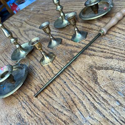 Lot 249 Brass candlesticks and Mable's brass loading rod for revolver