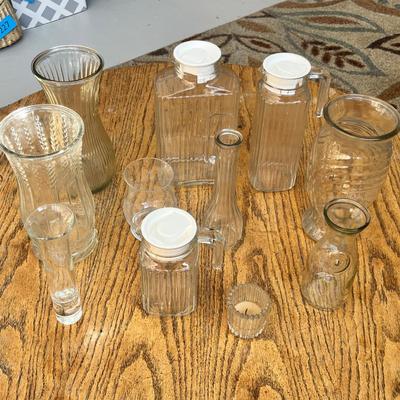 Lot 253 Assorted glass pitchers, vases, small carafe and more