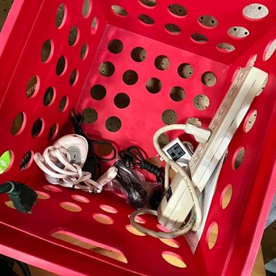 Lot 280 Plastic crate of outdoor string lights, outdoor lighting timer and power strips