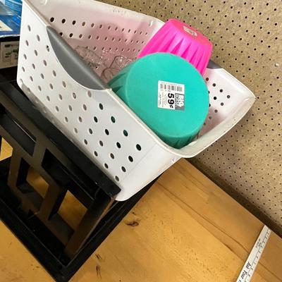 Lot 286 glass candle holders, glasses, small shelf, plastic pots