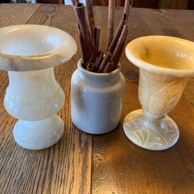 Lot of Marble and Alabaster Vases plus a small crock.